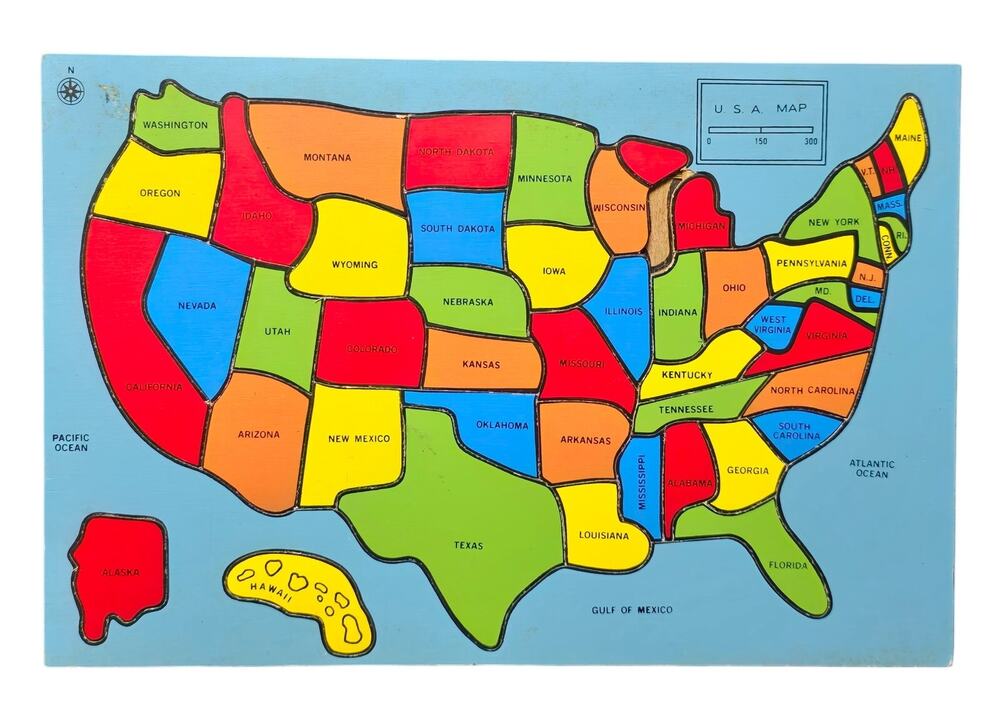 Vintage United States Map & Capital Wooden Jigsaw Puzzle USA